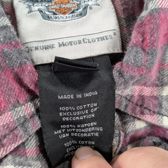 Harley Davidson Top Womens Medium Pink Plaid Snap Button Long Sleeve Bikercore - Picture 5 of 9